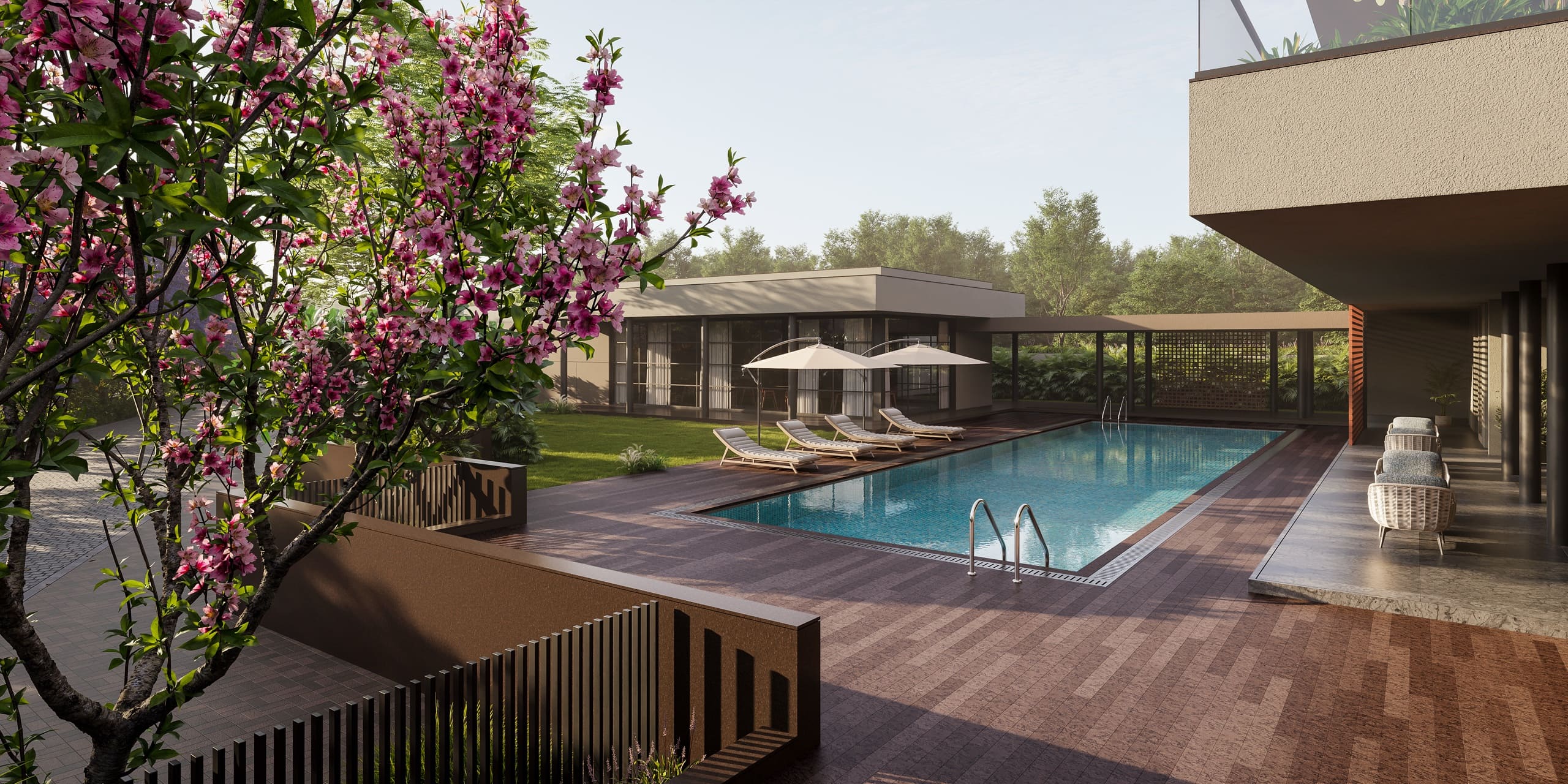 Garden-side clubhouse setting at Anahata Villas