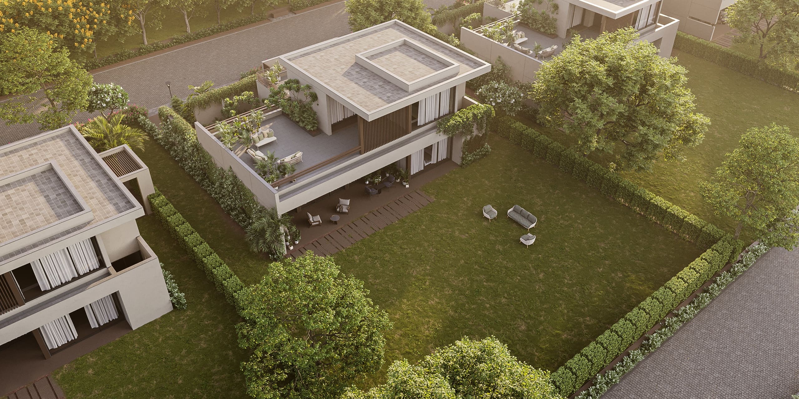 Aerial view of an Anahata villa and private garden