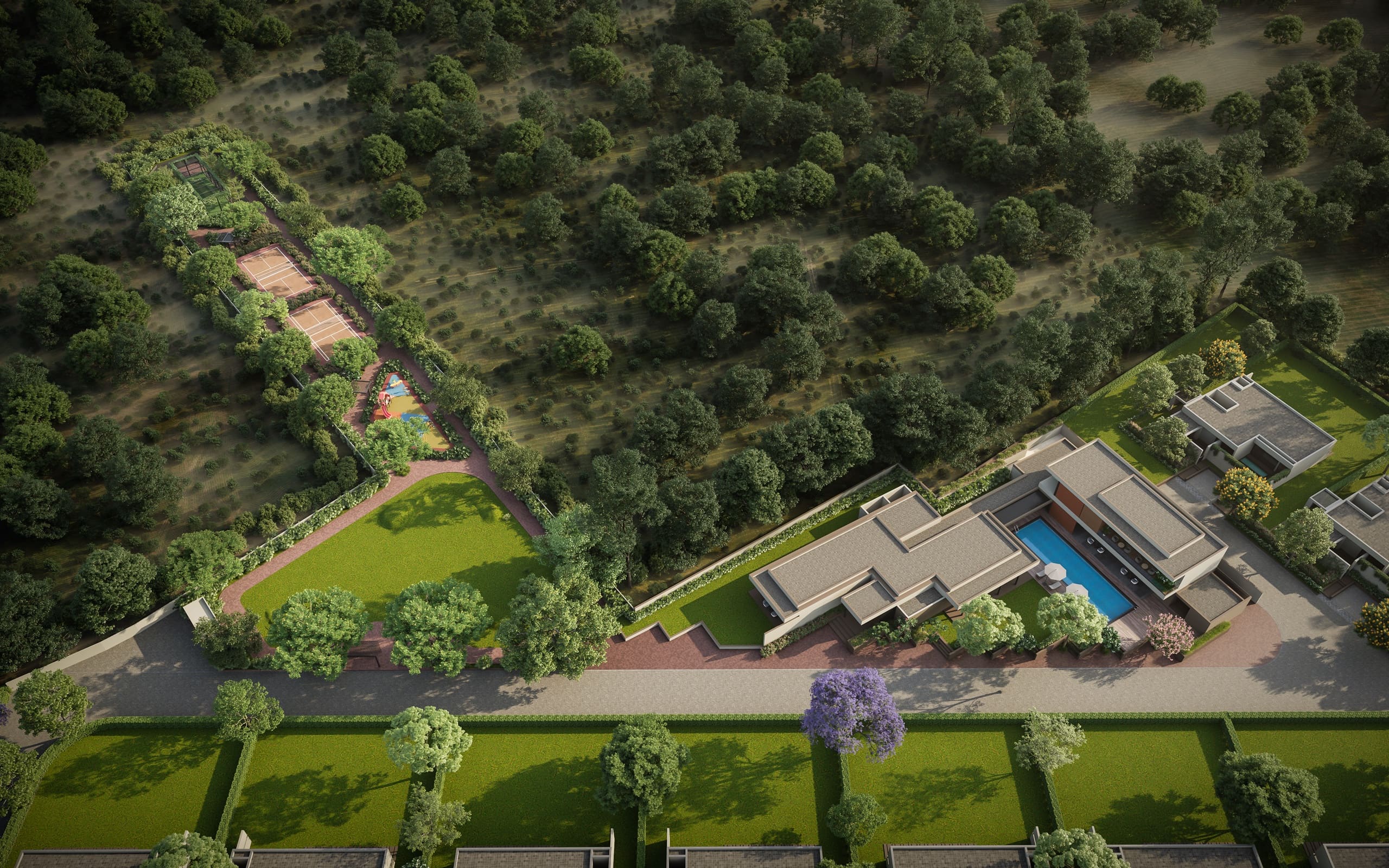 Bird's-eye view of the Anahata Villas clubhouse and landscaped setting