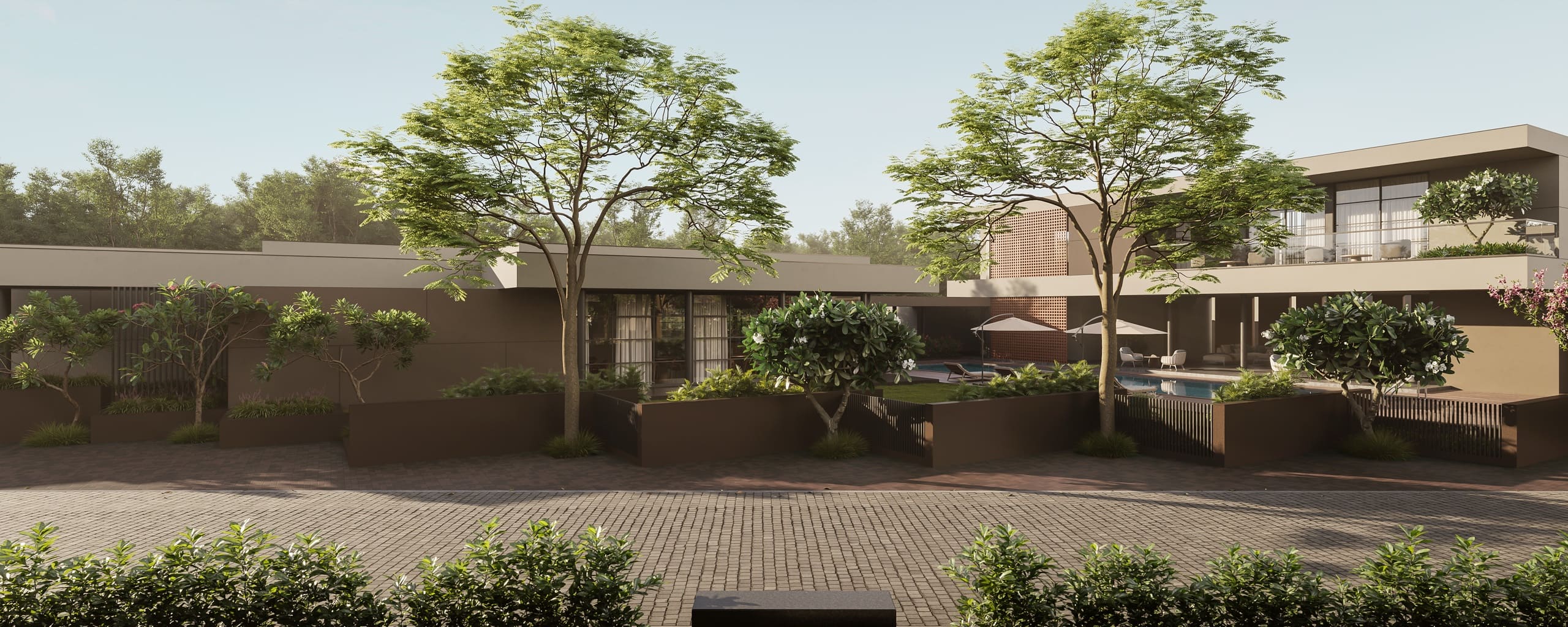 A landscaped shared space at Anahata Villas